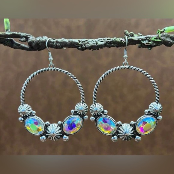 Jewelry - Western Earrings Crystal Hoop Earrings - Silver Tone Cowgirl Earrings